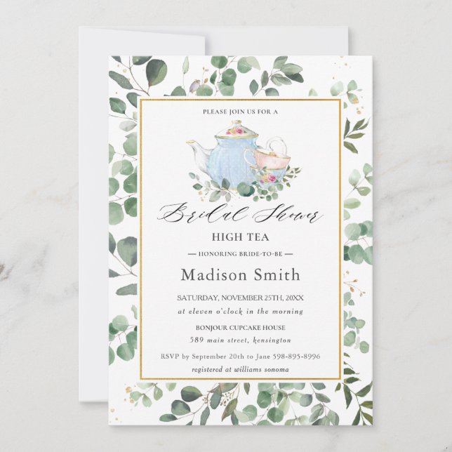 Eucalyptus Greenery High Tea Party Bridal Shower Invitation (Front)