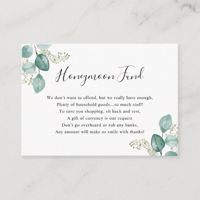 Eucalyptus Greenery Honeymoon or household Fund  Enclosure Card (Front)