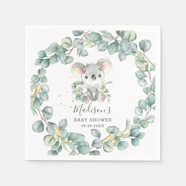 Eucalyptus Greenery Koala Baby Boy Shower Birthday Napkins (Front)