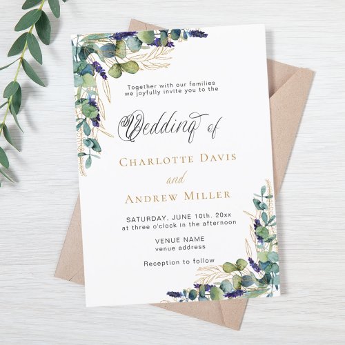 Eucalyptus greenery lavender script luxury wedding invitation