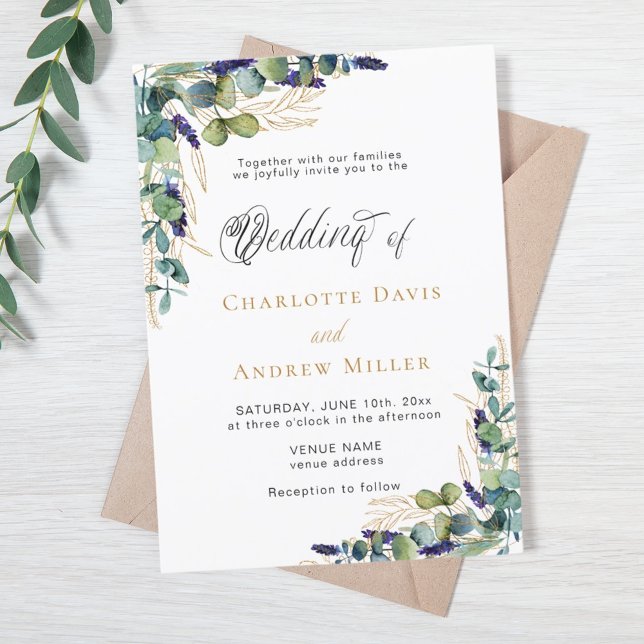 Eucalyptus greenery lavender script luxury wedding invitation (Creator Uploaded)