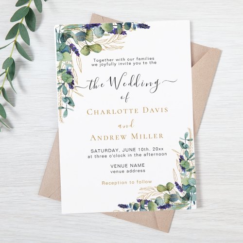 Eucalyptus greenery lavender script wedding invitation