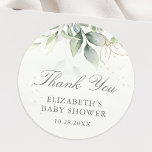 Eucalyptus Greenery Leaves Baby Shower Thank You Classic Round Sticker<br><div class="desc">Beautiful Thank You stickers featuring watercolor eucalyptus and gold leaves for baby showers.</div>