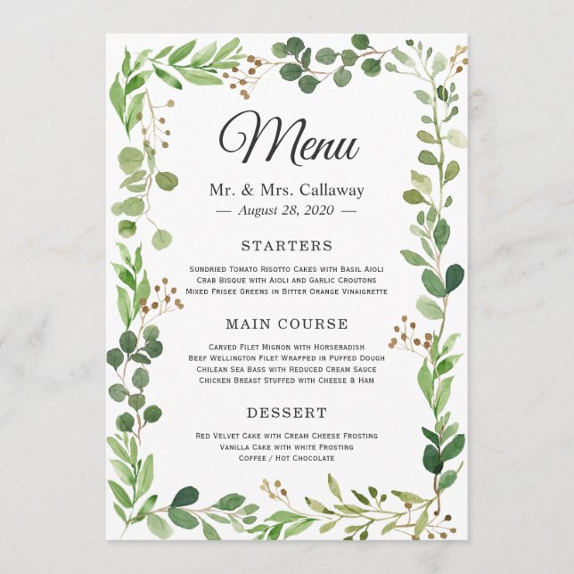 Eucalyptus Greenery Leaves Border Frame Wedding Menu (Front)