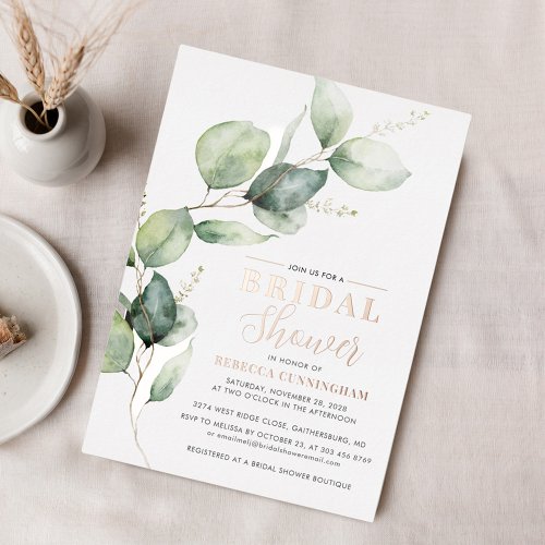 Eucalyptus Greenery  Leaves Bridal Shower Silver Foil Invitation