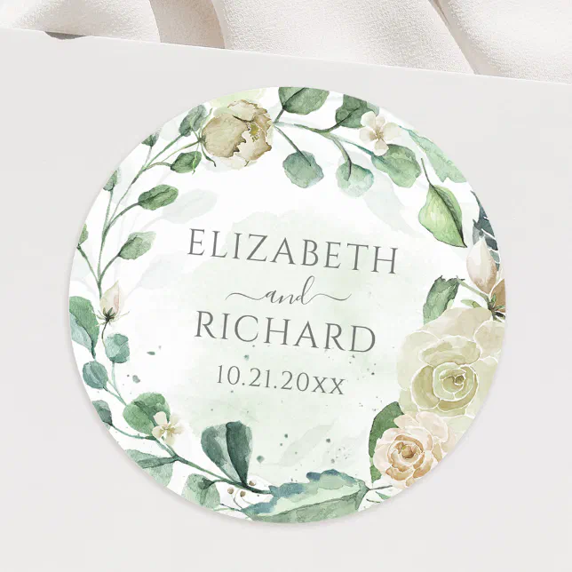 Eucalyptus Greenery Leaves Elegant Floral Wedding Classic Round Sticker ...