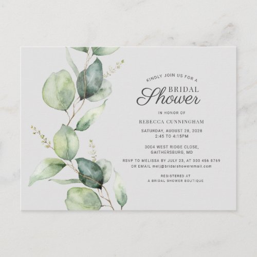 Eucalyptus Greenery Leaves Script Bridal Shower Invitation Postcard