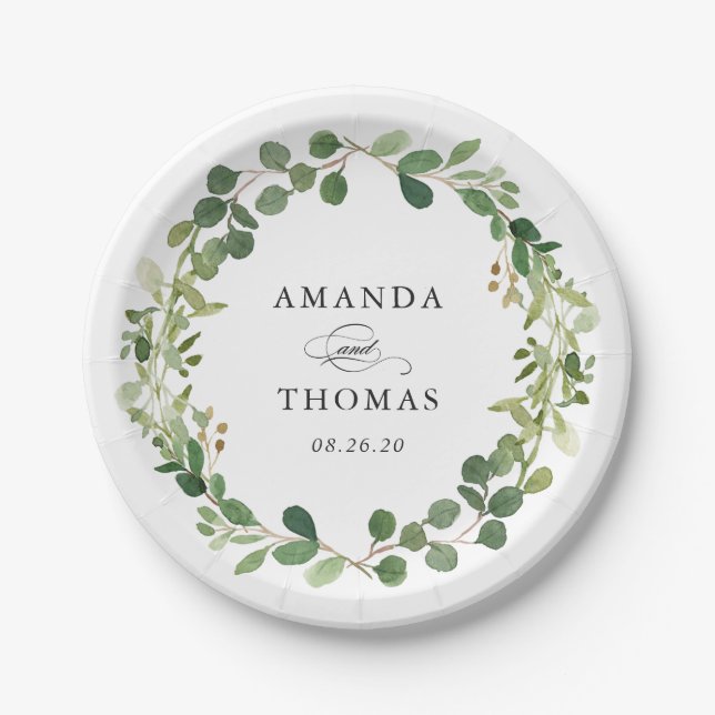 Eucalyptus Greenery Leaves Wreath Foliage Wedding Paper Plates (Front)