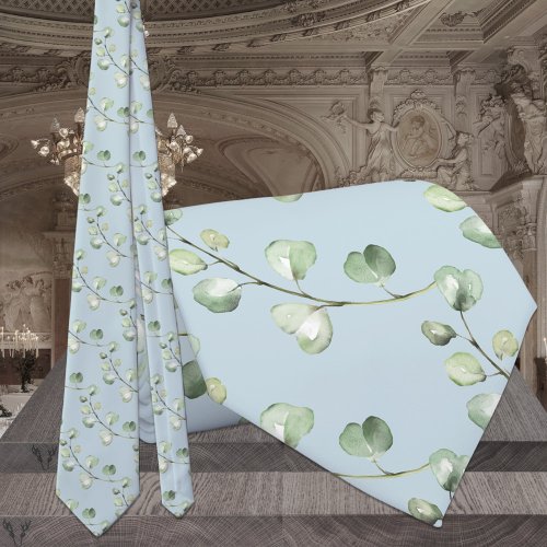 Eucalyptus Greenery Light Sky Blue Wedding Neck Tie