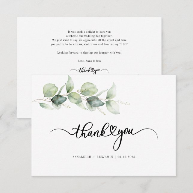 Eucalyptus Greenery Love Heart Calligraphy Wedding Thank You Card (Front/Back)