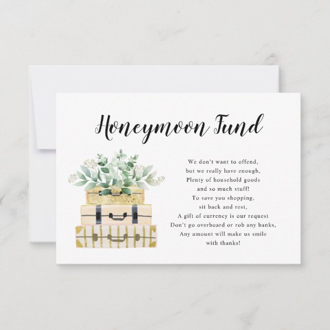 Eucalyptus Greenery Luggage Honeymoon Fund card (Front)