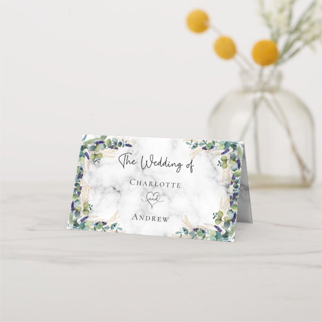 Eucalyptus greenery marble names wedding place card (Back)