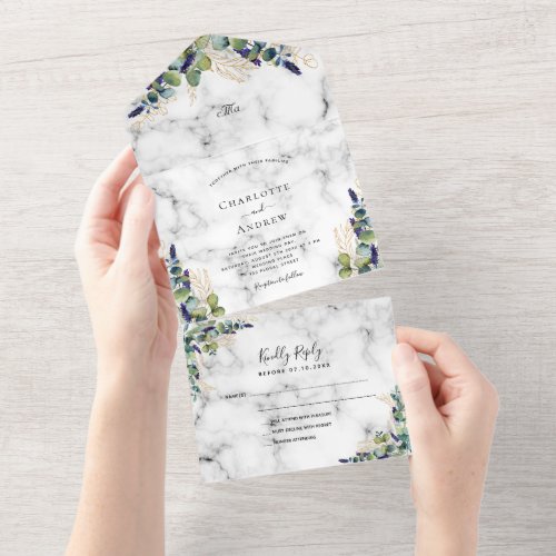 Eucalyptus greenery marble wedding all in one invitation