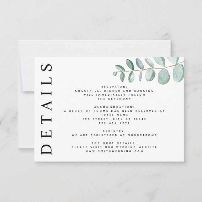 Eucalyptus Greenery Minimalist Wedding Details RSVP Card (Front)