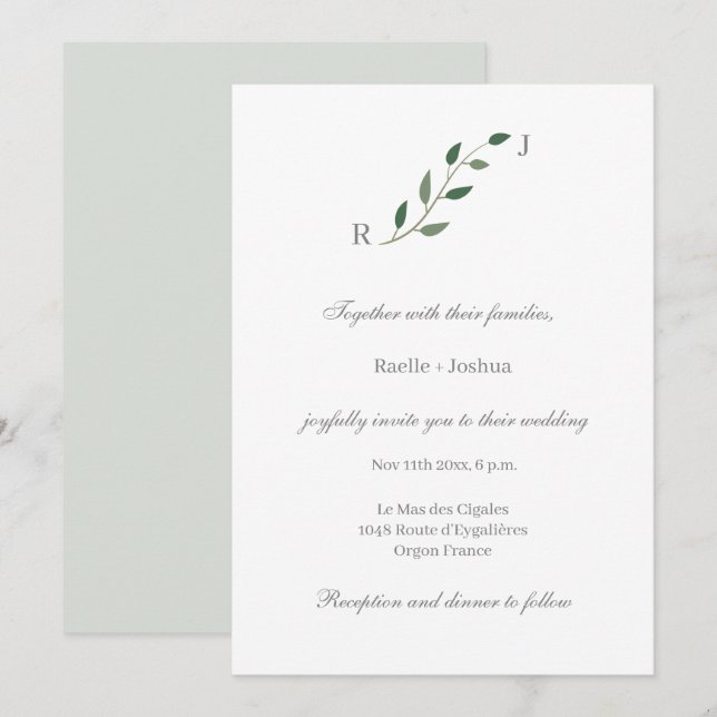 Eucalyptus Greenery Minimalist White Gray Wedding Invitation (Front/Back)
