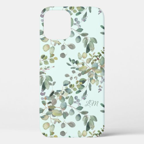 Eucalyptus Greenery Mint Trendy Monogram Initials iPhone 12 Case