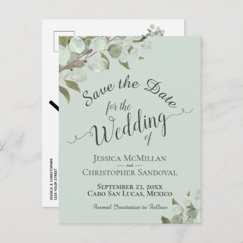 Eucalyptus  Greenery Mint Wedding Save the Date Announcement Postcard