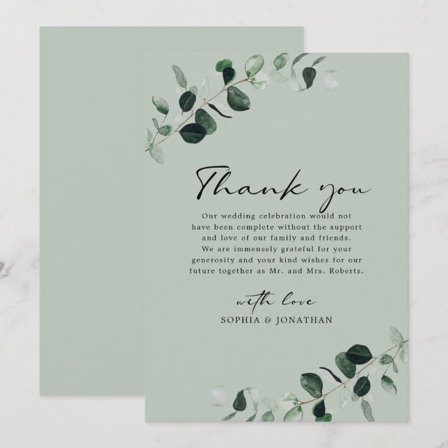Eucalyptus Greenery Modern Calligraphy Wedding Thank You Card (Front/Back)