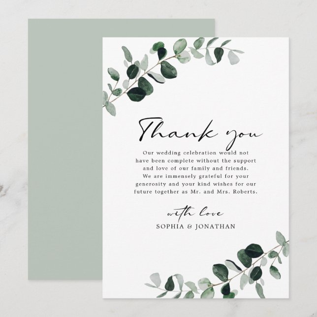 Eucalyptus Greenery Modern Calligraphy Wedding Thank You Card (Front/Back)