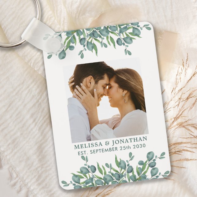 Eucalyptus Greenery Modern Couple Photo Wedding Keychain (Creator Uploaded)