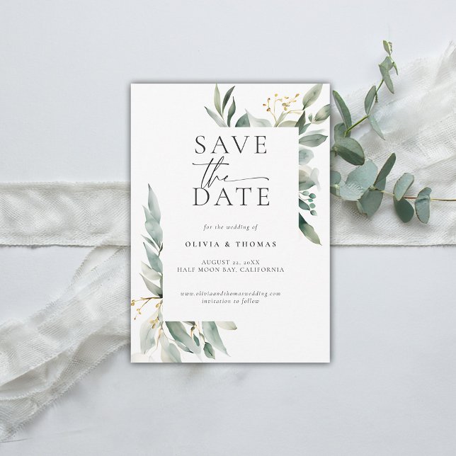 Eucalyptus Greenery Modern Elegant Chic Wedding Save The Date (modern simple wedding save the date typography calligraphy eucalyptus greenery clean frame)
