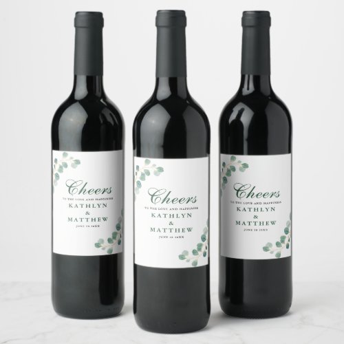 Eucalyptus Greenery Modern Elegant Summer Wedding Wine Label