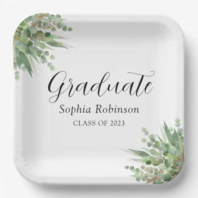 Eucalyptus Greenery Modern Graduation Party  Paper Plates (Front)