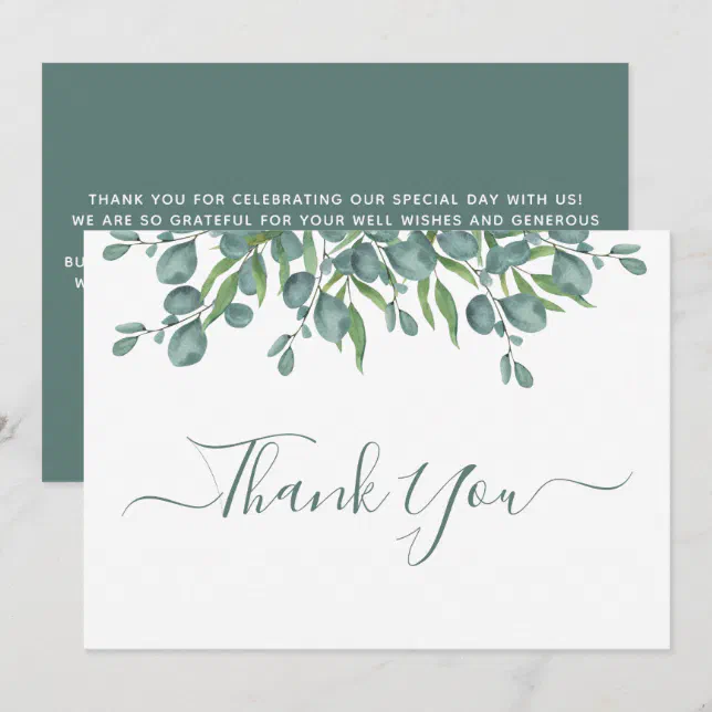 Eucalyptus Greenery Modern Sage Script Wedding Thank You Card | Zazzle