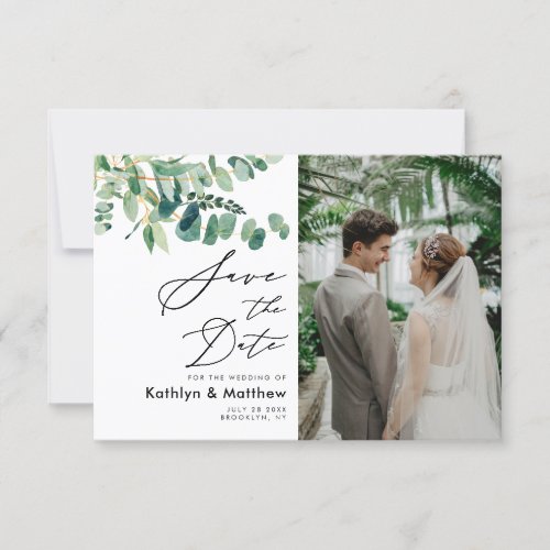 Eucalyptus Greenery Modern Script Photo Wedding Save The Date