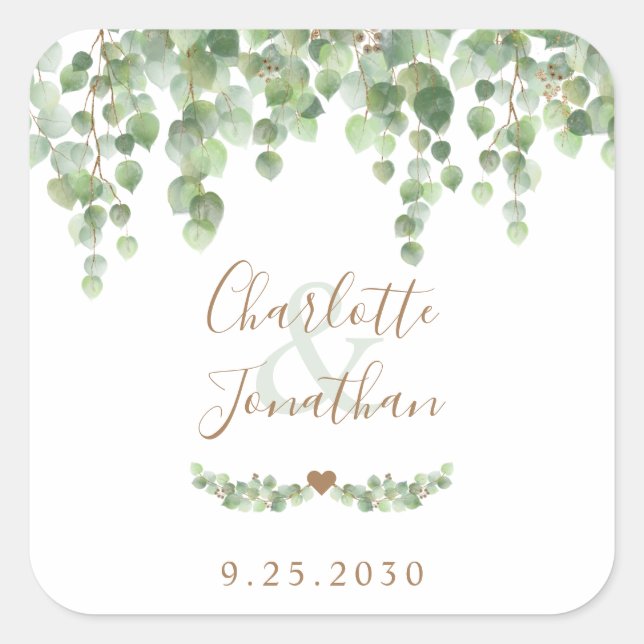 Eucalyptus Greenery Modern Simple Wedding Square Sticker (Front)