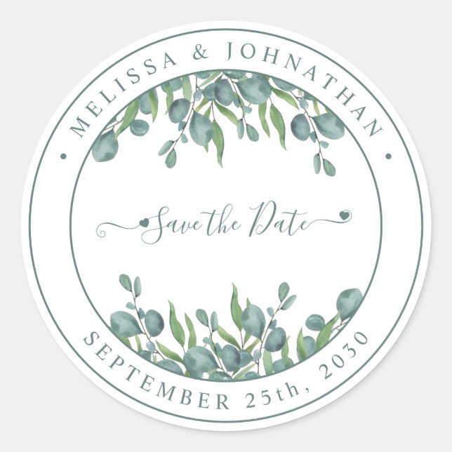 Eucalyptus Greenery Modern Wedding Save The Date Classic Round Sticker (Front)