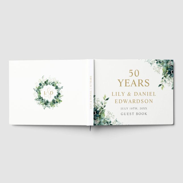 Eucalyptus Greenery Monogram 50th Anniversary Guest Book (Full)