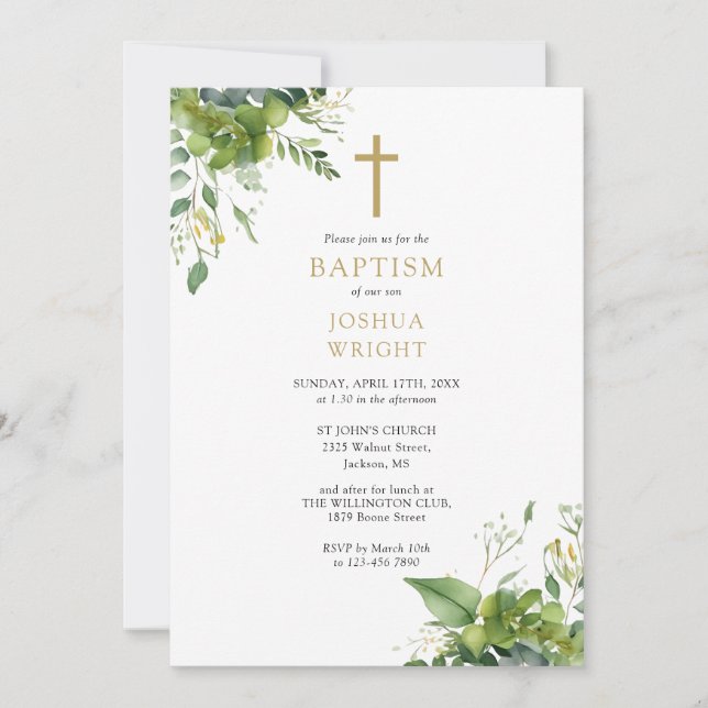 Eucalyptus Greenery Monogram Baptism Christening Invitation (Front)