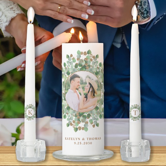 Eucalyptus Greenery Monogram Custom Photo Wedding  Unity Candle Set (Creator Uploaded)