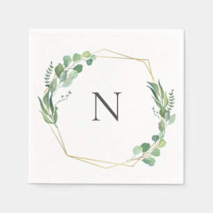 Eucalyptus Greenery Monogram Gold Frame Wedding Napkins