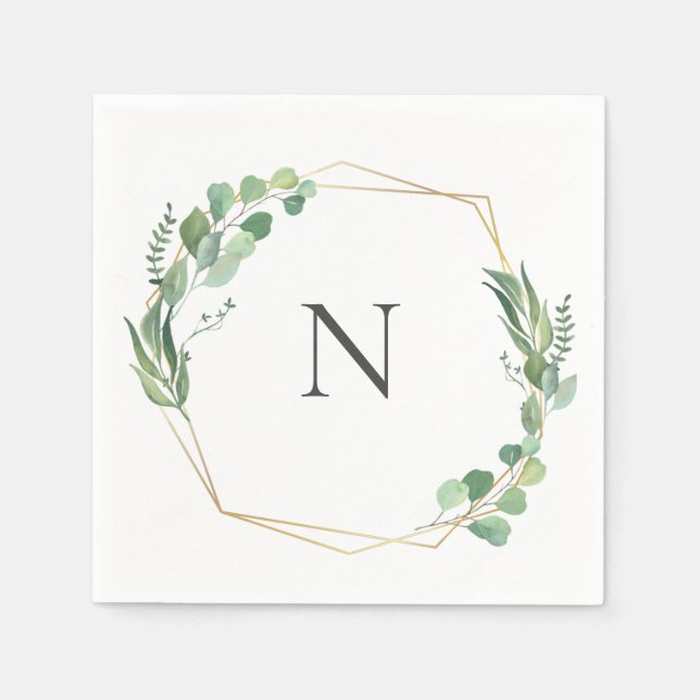 Eucalyptus Greenery Monogram Gold Frame Wedding Napkins (Front)