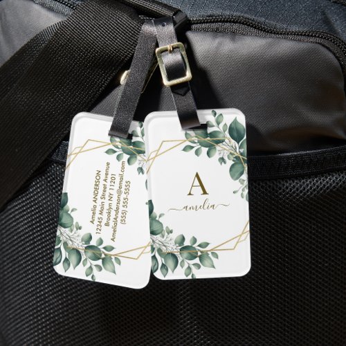 Eucalyptus Greenery Monogram Gold Geometric Frame Luggage Tag
