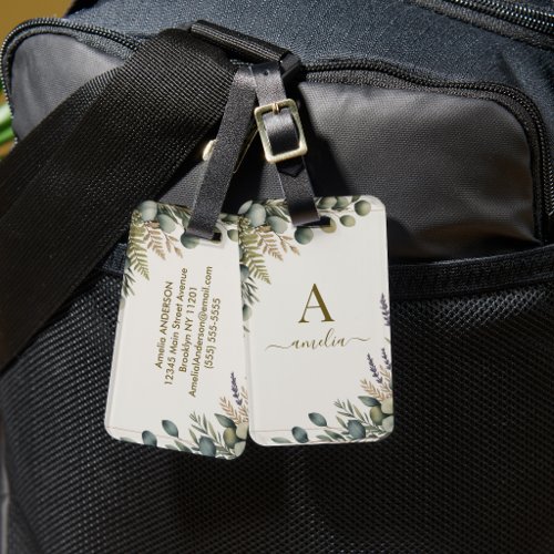 Eucalyptus Greenery Monogram Gold Geometric Frame  Luggage Tag