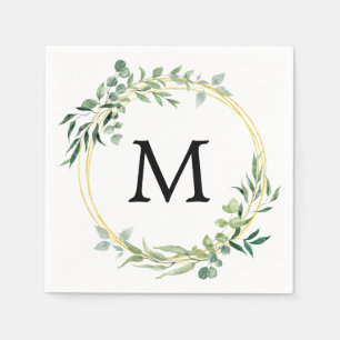 Eucalyptus Greenery Monogram Gold Green Wedding Napkins