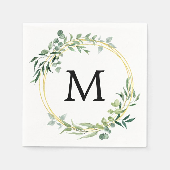 Eucalyptus Greenery Monogram Gold Green Wedding Napkins (Front)