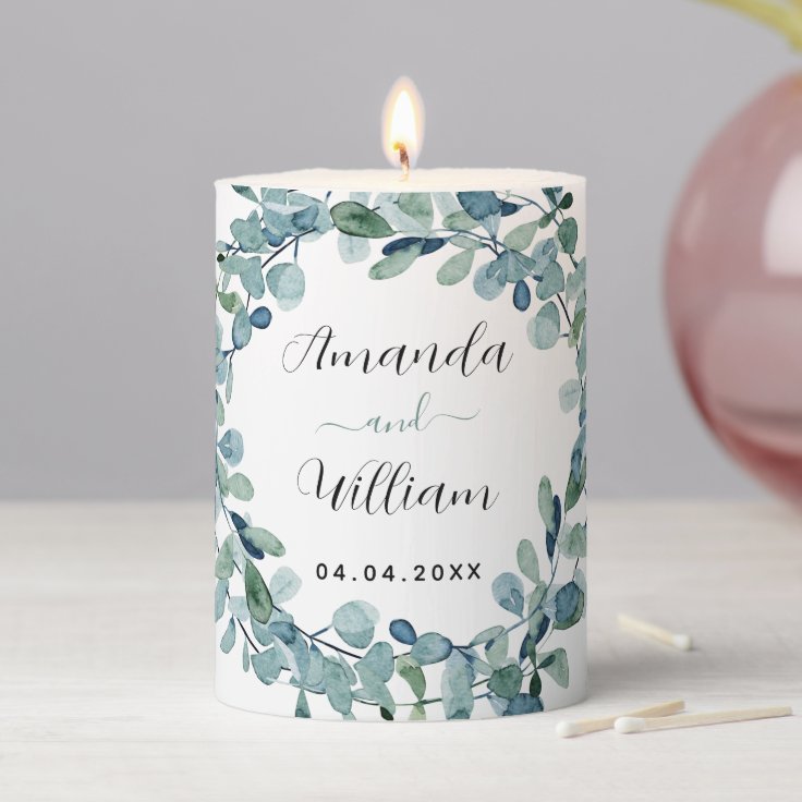 Eucalyptus greenery monogram names wedding pillar candle Zazzle