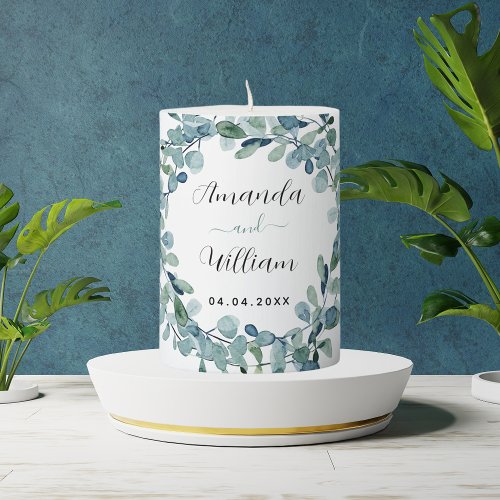 Eucalyptus greenery monogram names wedding pillar candle