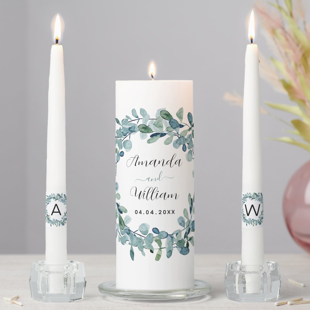 Eucalyptus greenery monogram names wedding unity candle set | Zazzle