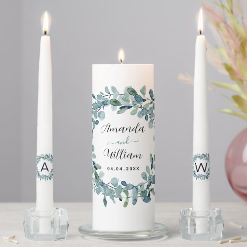 Eucalyptus greenery monogram names wedding unity candle set