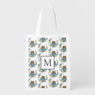 Eucalyptus Greenery Monogram Owl Grocery Bag