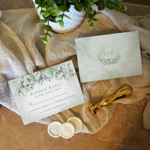 Eucalyptus Greenery Monogram Sage Wedding RSVP Card