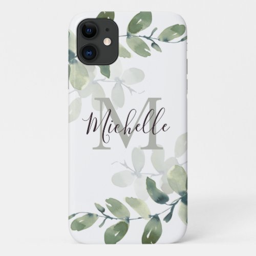 Eucalyptus Greenery Monogram Script Name iPhone 11 Case