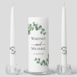 Eucalyptus Greenery Monogram script name  Wedding Unity Candle Set
