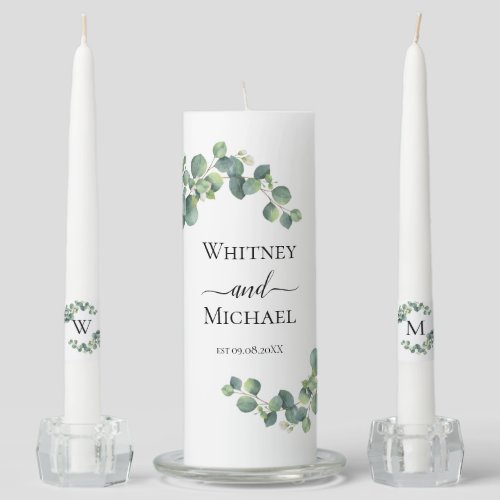 Eucalyptus Greenery Monogram script name  Wedding Unity Candle Set