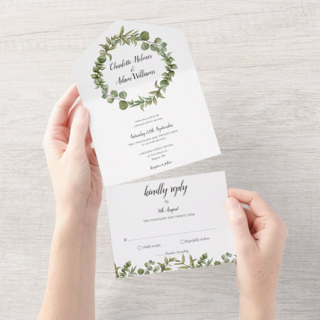 Eucalyptus Greenery Monogram Wedding All In One Invitation (Tearaway)